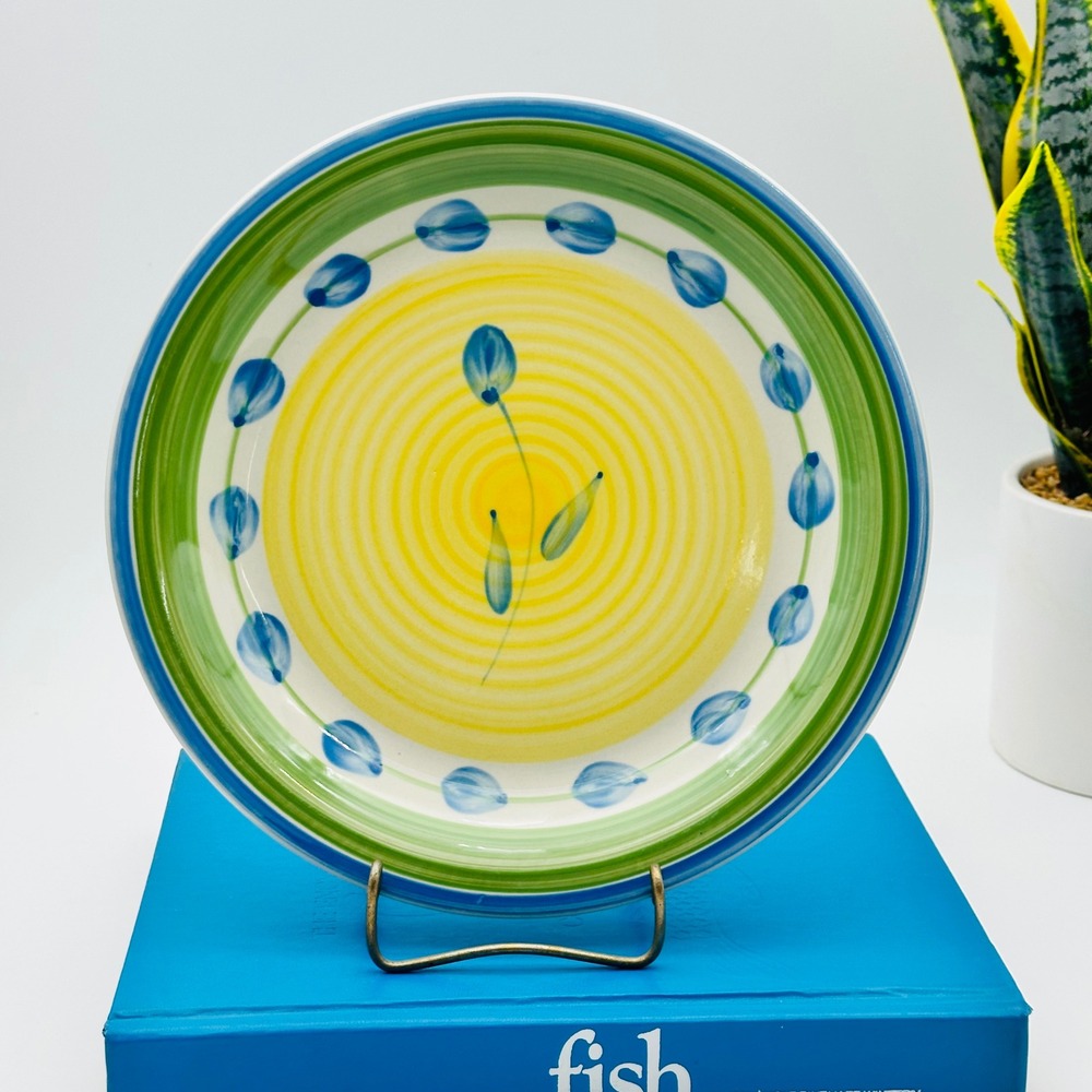 Trisa‎ Hand Painted Stoneware Dinner Plate Yellow Green Blue Floral 10.5"